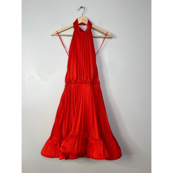 NWT Amur Amiri Halter Pleated Fit and Flare Red Low Back Mini Dress - Picture 2 of 8